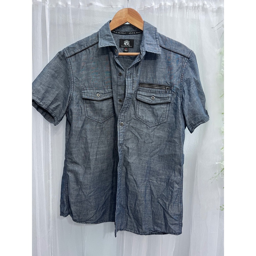 Rock & Republic Mens Short Sleeve Button Down Shirt Blue Chambray Zipper M